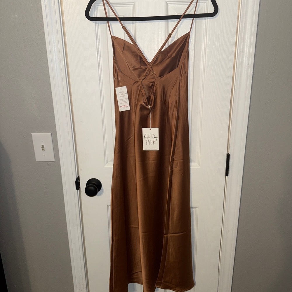NWT Show Me Your MuMu Satin Midi Dress in Tan - Picture 5 of 8